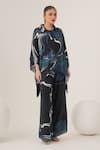 Buy_LABEL SHRISTI CHETANI_Blue Natural Crepe Print Abstract Swirl Collared Neck Top With Pant _Online_at_Aza_Fashions