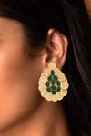 Shop_SUHANI PITTIE_Green Coin Tear Drop Carved Studs _at_Aza_Fashions