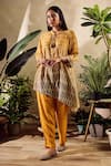 Buy_Rainas_Yellow Cotton Silk Print Geometric Round Collar Two Tone Tunic With Pant 