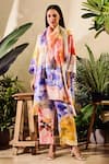 Buy_Rainas_Multi Color Cupro Satin Printed Watercolour Floral Asymmetric Tunic Pant Set 