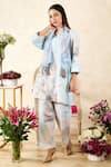 Rainas_Blue Linen Printed Rosebud Mandarin Collar Sequined Tunic Pant Set _Online