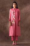 Buy_Oja_Pink Shrim Linen Embroidery Floral Collared Neck Blossom Tunic With Pant _at_Aza_Fashions