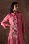 Oja_Pink Shrim Linen Embroidery Floral Collared Neck Blossom Tunic With Pant _Online_at_Aza_Fashions