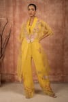 Buy_Shreeka_Yellow Silk Organza Embroidered Applique Kaftan Open Floral Pant Set _at_Aza_Fashions