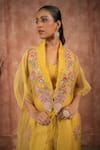 Shop_Shreeka_Yellow Silk Organza Embroidered Applique Kaftan Open Floral Pant Set _Online_at_Aza_Fashions