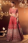 Azeera_Red Embroidered Floral Leaf Neck Farina Bridal Lehenga Set _Online_at_Aza_Fashions