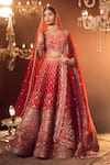 Buy_Azeera_Red Embroidered Floral Leaf Neck Bridal Lehenga Set _Online_at_Aza_Fashions