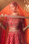 Azeera_Red Embroidered Floral Leaf Neck Bridal Lehenga Set _at_Aza_Fashions