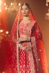 Shop_Azeera_Red Embroidered Floral Leaf Neck Bridal Lehenga Set 