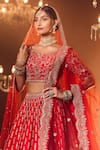 Azeera_Red Embroidered Floral Leaf Neck Farina Bridal Lehenga Set _Online