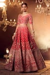 Buy_Azeera_Red Embroidered Floral Leaf Neck Bridal Lehenga Set _Online