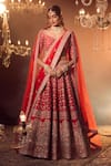 Shop_Azeera_Red Embroidered Floral Leaf Neck Bridal Lehenga Set _at_Aza_Fashions