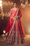 Azeera_Red Embroidered Floral Leaf Neck Bridal Lehenga Set _at_Aza_Fashions