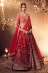 Azeera_Red Embroidered Floral Leaf Neck Bridal Lehenga Set _Online