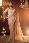 Shop_Azeera_Pink Embroidered Floral Plunged Leaf Neck Vanya Saree With Blouse _at_Aza_Fashions