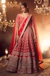 Shop_Azeera_Red Embroidered Floral Leaf Neck Bridal Lehenga Set _Online