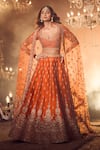 Shop_Azeera_Orange Embroidered Floral Leaf Neck Zeenath Bridal Lehenga Set _at_Aza_Fashions