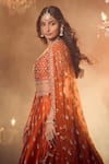 Azeera_Orange Embroidered Floral Leaf Neck Zeenath Bridal Lehenga Set 