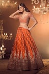 Shop_Azeera_Orange Embroidered Floral Leaf Neck Zeenath Bridal Lehenga Set 