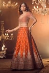 Azeera_Orange Embroidered Floral Leaf Neck Zeenath Bridal Lehenga Set _Online