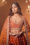 Azeera_Orange Embroidered Floral Leaf Neck Zeenath Bridal Lehenga Set _Online_at_Aza_Fashions