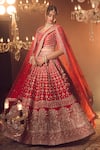 Azeera_Red Embroidered Floral Leaf Neck Bridal Lehenga Set 