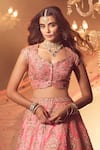 Azeera_Coral Embroidered Leaf Neck Smriti Bridal Lehenga Set _Online