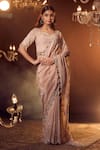 Shop_Azeera_Rose Gold Embroidered Floral Jaal Leaf Neck Marbella Saree With Blouse _at_Aza_Fashions