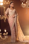 Azeera_Pink Embroidered Floral Plunged Leaf Neck Vanya Saree With Blouse _Online_at_Aza_Fashions