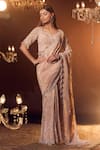 Azeera_Rose Gold Embroidered Floral Jaal Leaf Neck Marbella Saree With Blouse _Online_at_Aza_Fashions