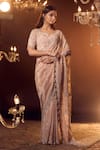 Shop_Azeera_Rose Gold Embroidered Floral Jaal Leaf Neck Marbella Saree With Blouse _Online_at_Aza_Fashions