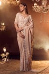 Azeera_Rose Gold Embroidered Floral Jaal Leaf Neck Marbella Saree With Blouse _Online