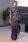 Buy_Studio Surbhi_Purple Georgette Satin Printed Floral High Neck Pre-draped Saree Set _at_Aza_Fashions