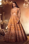 Shop_Azeera_Orange Embroidered Floral Plunged Leaf Neck Zardozi Bridal Lehenga Set _at_Aza_Fashions