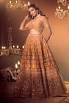 Buy_Azeera_Orange Embroidered Floral Plunged Leaf Neck Zardozi Bridal Lehenga Set _Online_at_Aza_Fashions