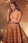 Shop_Azeera_Orange Embroidered Floral Plunged Leaf Neck Zardozi Bridal Lehenga Set _Online_at_Aza_Fashions