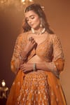 Azeera_Orange Embroidered Floral Plunged Leaf Neck Zardozi Bridal Lehenga Set _at_Aza_Fashions