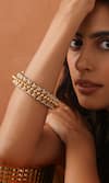 Shop_SWABHIMANN_Red Jadau Stone And Pearl Embellished Carved Bangle _Online_at_Aza_Fashions