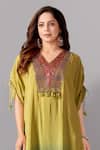 Aditi Somani Green Crepe Sequins, Tassels V-neck Patola Yoke Ombre Kaftan With Pant Online at Aza Fashions Aditi Somani_Green Crepe Sequins, Tassels V-neck Patola Yoke Ombre Kaftan With Pant _Online_at_Aza_Fashions