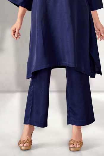 Aditi Somani_Blue Silk Embroidery Round Neck Floral Asymmetric Kurta With Pant _Online_at_Aza_Fashions