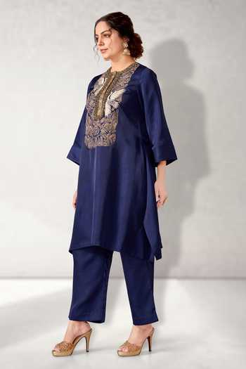 Shop_Aditi Somani_Blue Silk Embroidery Round Neck Floral Asymmetric Kurta With Pant _Online_at_Aza_Fashions