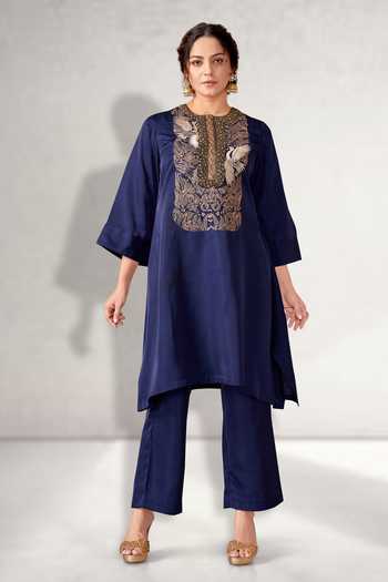 Buy_Aditi Somani_Blue Silk Embroidery Round Neck Floral Asymmetric Kurta With Pant _at_Aza_Fashions