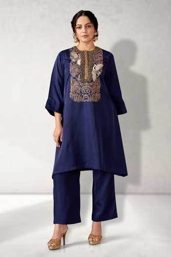 Shop_Aditi Somani_Blue Silk Embroidery Round Neck Floral Asymmetric Kurta With Pant _at_Aza_Fashions