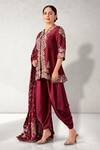Aditi Somani Maroon Silk Embroidery V-neck Floral Slit Tunic Set Online at Aza Fashions Aditi Somani_Maroon Silk Embroidery V-neck Floral Slit Tunic Set _Online_at_Aza_Fashions