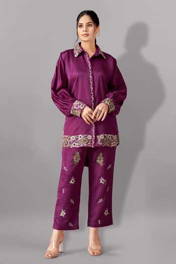 Buy_Aditi Somani_Purple Silk Embroidery Collared Floral Shirt And Pant Set _at_Aza_Fashions