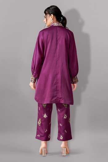 Shop_Aditi Somani_Purple Silk Embroidery Collared Floral Shirt And Pant Set _at_Aza_Fashions