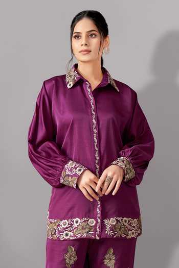 Aditi Somani_Purple Silk Embroidery Collared Floral Shirt And Pant Set _Online_at_Aza_Fashions