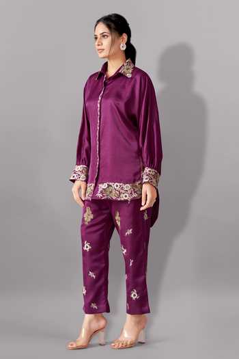 Buy_Aditi Somani_Purple Silk Embroidery Collared Floral Shirt And Pant Set _Online_at_Aza_Fashions