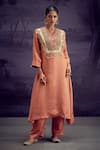 Buy_Aditi Somani_Peach Nysa Silk Embroidered V Neck Patola Yoke Kurta With Pant _at_Aza_Fashions