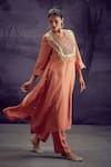 Aditi Somani_Peach Nysa Silk Embroidered V Neck Patola Yoke Kurta With Pant _Online_at_Aza_Fashions